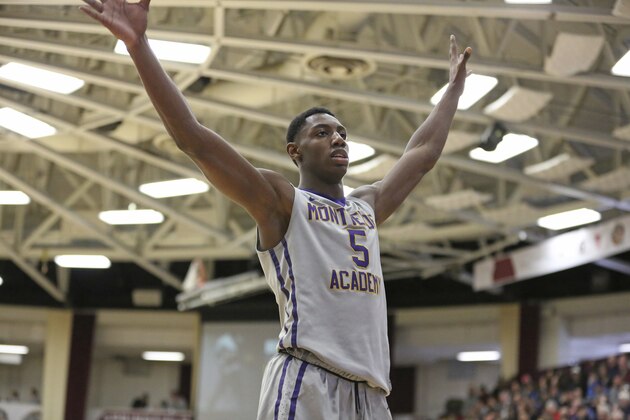 Montverde Academy's R.J. Barrett #5 is seen against Mater Dei during a high school basketball game at the Hoophall Classic, Monday, January 15, 2018, in Springfield, MA. Montverde won the game. (AP Photo/Gregory Payan)