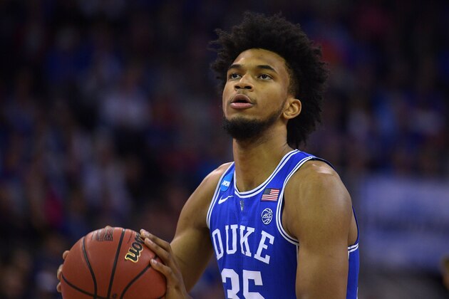 OMAHA, NE - MARCH 25: Marvin Bagley III #35 of the Duke Blue Devils concentrates at the free throw line against the Kansas Jayhawks during the 2018 NCAA Men's Basketball Tournament Midwest Regional Final at CenturyLink Center on March 25, 2018 in Omaha, Nebraska. (Photo by Lance King/Getty Images)