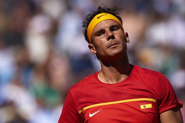 VALENCIA, SPAIN - APRIL 08:  Rafael Nadal of Spain reacts during his match against Alexander Zverev of Germany during day three of the Davis Cup World Group Quarter Final match between Spain and Germany at Plaza de Toros de Valencia on April 8, 2018 in Valencia, Spain.  (Photo by Manuel Queimadelos Alonso/Getty Images)