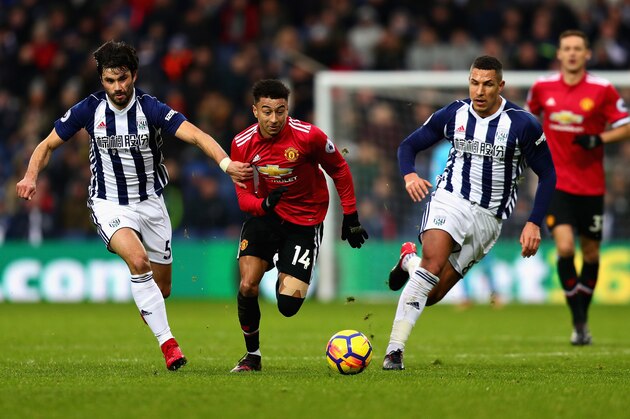 WEST BROMWICH, ENGLAND - DECEMBER 17:  Jesse Lingard of Manchester United, Claudio Yacob and Jake Livermore both of West Bromwich Albion, in action during the Premier League match between West Bromwich Albion and Manchester United at The Hawthorns on December 17, 2017 in West Bromwich, England.  (Photo by Chris Brunskill Ltd/Getty Images)
