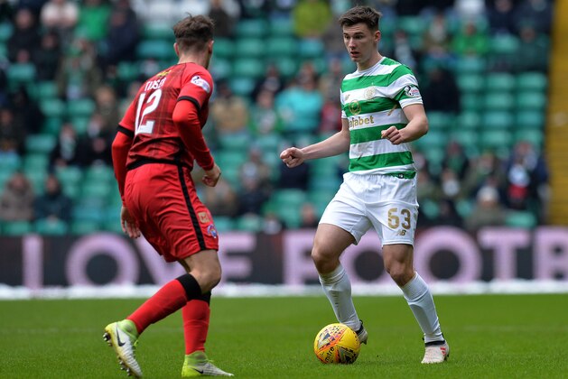 GLASGOW, SCOTLAND - MARCH 03: Kieran Tierney of Celtic is challenged by Michael Tidser of Greenock Morton during the Scottish Cup Quarter Final match between Celtic and Greenock Morton at Celtic Park on March 3, 2018 in Glasgow, Scotland. (Photo by Mark Runnacles/Getty Images)