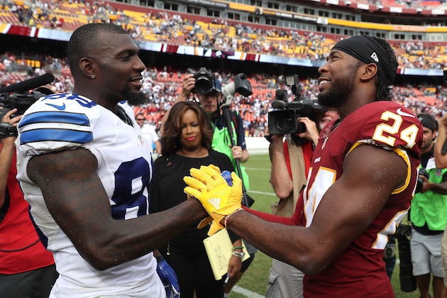 LANDOVER, MD - SEPTEMBER 18: Wide receiver Dez Bryant #88 of the Dallas Cowboys meets with cornerback Josh Norman #24 of the Washington Redskins after the Dallas Cowboys defeated the Washington Redskins 27-23 at FedExField on September 18, 2016 in Landover, Maryland. (Photo by Rob Carr/Getty Images)