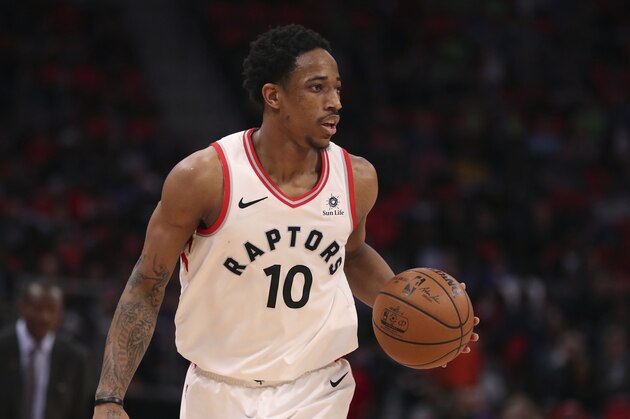 Toronto Raptors guard DeMar DeRozan brings the ball up court during the second half of an NBA basketball game against the Detroit Pistons, Monday, April 9, 2018, in Detroit. (AP Photo/Carlos Osorio)