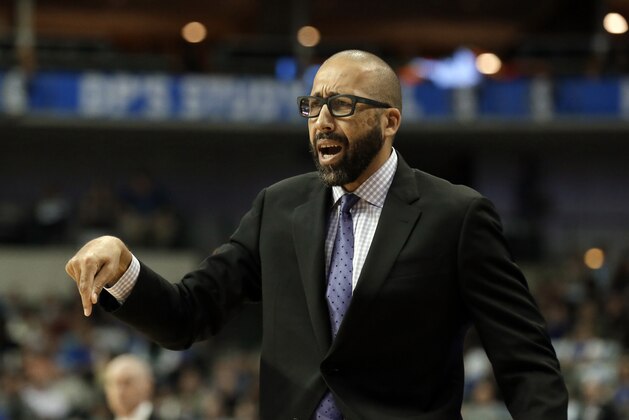 Memphis Grizzlies head coach David Fizdale gestures after a foul was called against the Dallas Mavericks during an NBA basketball game, Wednesday, Oct. 25, 2017, in Dallas. (AP Photo/Tony Gutierrez)