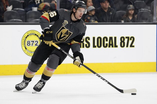 Vegas Golden Knights left wing Erik Haula (56) plays against the Arizona Coyotes during an NHL hockey game, Wednesday, March 28, 2018, in Las Vegas. (AP Photo/John Locher)