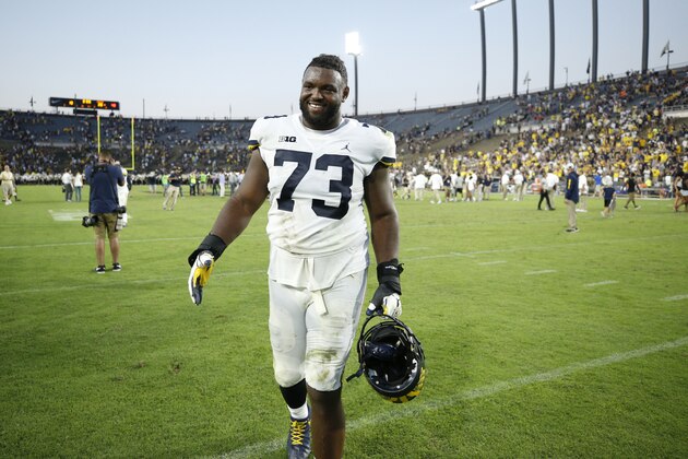 WEST LAFAYETTE, IN - SEPTEMBER 23: Maurice Hurst #73 of the Michigan Wolverines looks on after a game against the Purdue Boilermakers at Ross-Ade Stadium on September 23, 2017 in West Lafayette, Indiana. Michigan won 28-10. (Photo by Joe Robbins/Getty Images)