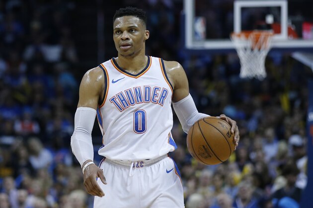 Oklahoma City Thunder guard Russell Westbrook (0) during of an NBA basketball game between the Memphis Grizzlies and the Oklahoma City Thunder in Oklahoma City, Wednesday, April 11, 2018. (AP Photo/Sue Ogrocki) Oklahoma City Thunder guard Russell Westbrook (0) during of an NBA basketball game between the Memphis Grizzlies and the Oklahoma City Thunder in Oklahoma City, Wednesday, April 11, 2018. (AP Photo/Sue Ogrocki)