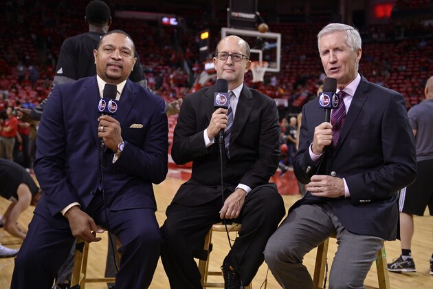HOUSTON, TX - MAY 11:  NBA TNT Analysts, Mark Jackson, Jeff Van Gundy and Mike Breen are seen before Game Six of the Western Conference Semifinals between the San Antonio Spurs and the Houston Rockets during the 2017 NBA Playoffs on May 11, 2017 at the Toyota Center in Houston, Texas. NOTE TO USER: User expressly acknowledges and agrees that, by downloading and or using this photograph, User is consenting to the terms and conditions of the Getty Images License Agreement. Mandatory Copyright Notice: Copyright 2017 NBAE (Photo by David Dow/NBAE via Getty Images)