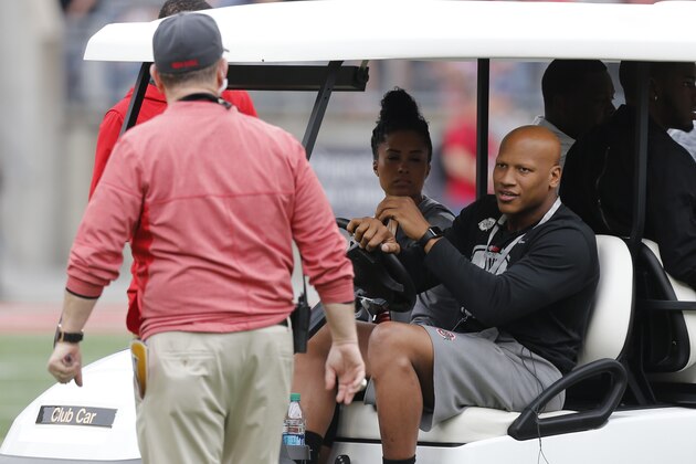 Pittsburgh Steelers linebacker Ryan Shazier drives a golf cart on the field before the start of Ohio State's NCAA college spring football game Saturday, April 14, 2018, in Columbus, Ohio. (AP Photo/Jay LaPrete)
