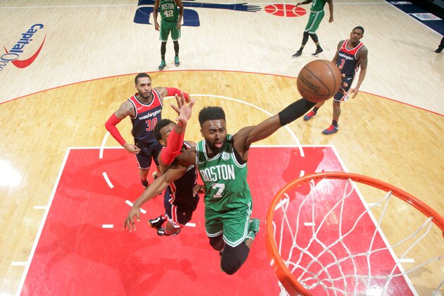 WASHINGTON, DC -  APRIL 10:  Jaylen Brown #7 of the Boston Celtics goes to the basket against the Washington Wizards on April 10, 2018 at Capital One Arena in Washington, DC. NOTE TO USER: User expressly acknowledges and agrees that, by downloading and or using this Photograph, user is consenting to the terms and conditions of the Getty Images License Agreement. Mandatory Copyright Notice: Copyright 2018 NBAE (Photo by Ned Dishman/NBAE via Getty Images)