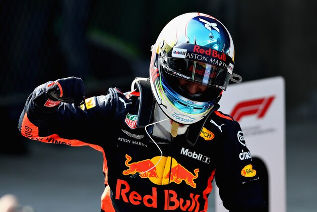 SHANGHAI, CHINA - APRIL 15:  Race winner Daniel Ricciardo of Australia and Red Bull Racing celebrates in parc ferme during the Formula One Grand Prix of China at Shanghai International Circuit on April 15, 2018 in Shanghai, China.  (Photo by Lars Baron/Getty Images)