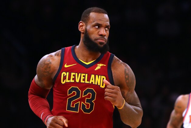 NEW YORK, NY - APRIL 09: LeBron James #23 of the Cleveland Cavaliers looks on in the fourth quarter against the New York Knicks at Madison Square Garden on April 9, 2018 in New York City. NOTE TO USER: User expressly acknowledges and agrees that, by downloading and or using this photograph, User is consenting to the terms and conditions of the Getty Images License Agreement.  (Photo by Mike Lawrie/Getty Images)