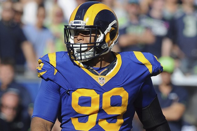 Los Angeles Rams defensive tackle (99) Aaron Donald on the field in the fourth quarter of an NFL game against the Seattle Seahawks played at the Los Angeles Memorial Coliseum in Los Angeles, CA on Sunday, October 8, 2017. (AP Photo/John Cordes) Los Angeles Rams defensive tackle (99) Aaron Donald on the field in the fourth quarter of an NFL game against the Seattle Seahawks played at the Los Angeles Memorial Coliseum in Los Angeles, CA on Sunday, October 8, 2017. (AP Photo/John Cordes)