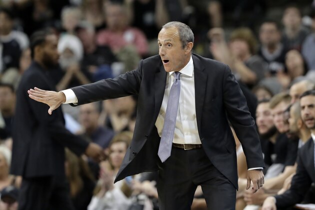 San Antonio Spurs assistant coach Ettore Messina signals to his players during the second half of an NBA basketball game against the New Orleans Pelicans, Wednesday, Feb. 28, 2018, in San Antonio. New Orleans won 121-116. (AP Photo/Eric Gay)