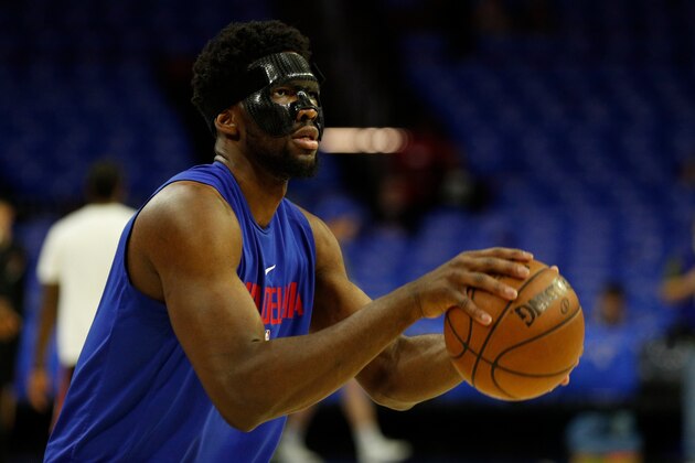 Philadelphia 76ers' Joel Embiid, of Cameroon, in action prior to the first half in Game 1 of a first-round NBA basketball playoff series against the Miami Heat, Saturday, April 14, 2018, in Philadelphia. (AP Photo/Chris Szagola) Philadelphia 76ers' Joel Embiid, of Cameroon, in action prior to the first half in Game 1 of a first-round NBA basketball playoff series against the Miami Heat, Saturday, April 14, 2018, in Philadelphia. (AP Photo/Chris Szagola)