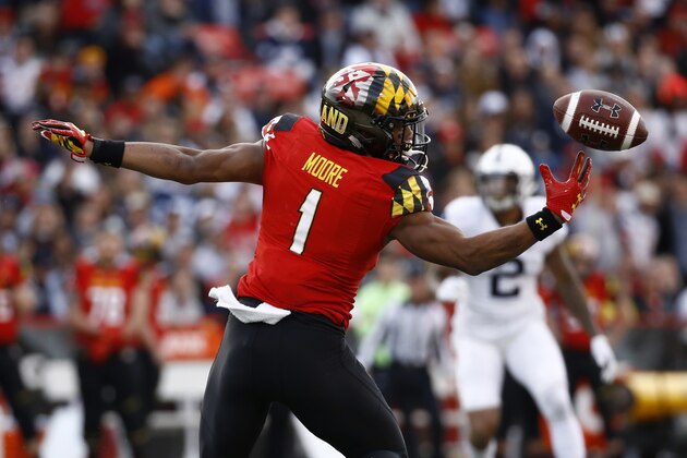 Maryland wide receiver D.J. Moore bobbles a pass attempt in the first half of an NCAA college football game against Penn State in College Park, Md., Saturday, Nov. 25, 2017. (AP Photo/Patrick Semansky)