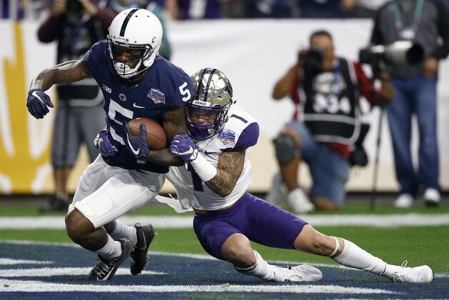 Penn State wide receiver DaeSean Hamilton (5) scores a touchdown as Washington defensive back Byron Murphy (1) defends during the first half of the Fiesta Bowl NCAA college football game, Saturday, Dec. 30, 2017, in Glendale, Ariz. (AP Photo/Ross D. Franklin)