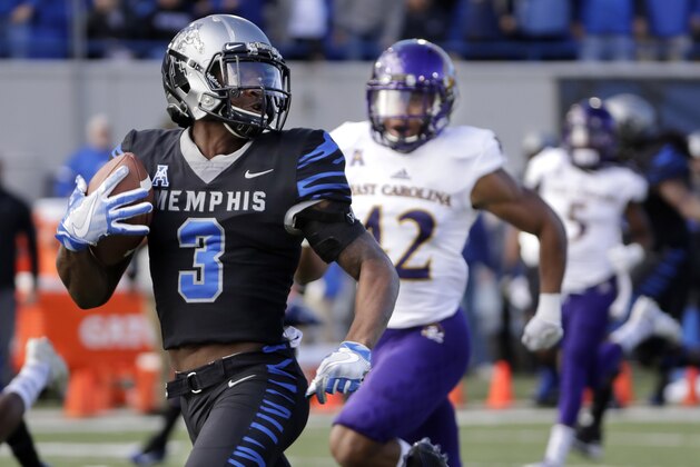 FILE - In this Nov. 25, 2017, file photo, Memphis wide receiver Anthony Miller (3) heads for a touchdown against East Carolina in the first half of an NCAA college football game in Memphis, Tenn. Memphis plays Iowa State in the Liberty Bowl on Saturday, Dec. 30. (AP Photo/Mark Humphrey, File)