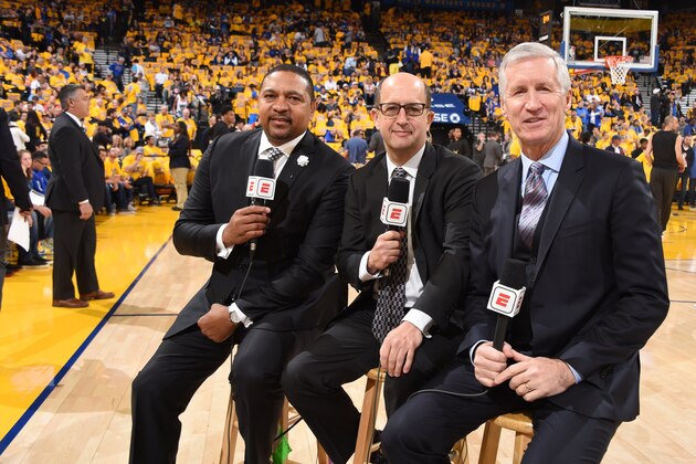 OAKLAND, CA - APRIL 14:  Commentators Mark Jackson, Jeff Van Gundy, and Mike Breen seen during the game between the San Antonio Spurs and the Golden State Warriors in Game One of Round One during the 2018 NBA Playoffs on April 14, 2018 at ORACLE Arena in Oakland, California. NOTE TO USER: User expressly acknowledges and agrees that, by downloading and or using this photograph, user is consenting to the terms and conditions of Getty Images License Agreement. Mandatory Copyright Notice: Copyright 2018 NBAE (Photo by Andrew D. Bernstein/NBAE via Getty Images)
