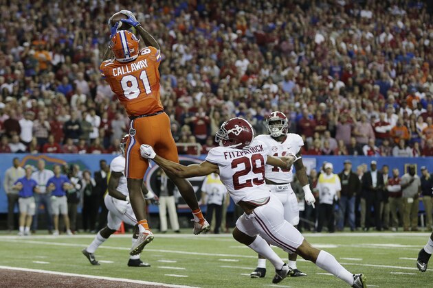 Florida wide receiver Antonio Callaway (81) makes a touchdown catch in the end zone against Alabama defensive back Minkah Fitzpatrick (29) during the first half of the Southeastern Conference championship NCAA college football game, Saturday, Dec. 3, 2016, in Atlanta.(AP Photo/Butch Dill)