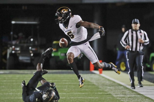 Vanderbilt cornerback Tre Herndon (31) breaks up a pass intended for Missouri wide receiver J'Mon Moore (6) during the second half of an NCAA college football game Saturday, Nov. 18, 2017, in Nashville, Tenn. Missouri won 45-17. (AP Photo/Mark Humphrey)