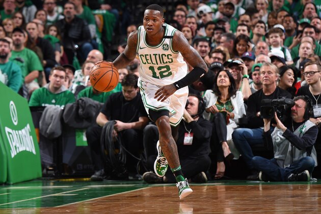BOSTON, MA - APRIL 15:  Terry Rozier #12 of the Boston Celtics handles the ball against the Milwaukee Bucks in Game One of Round One during the 2018 NBA Playoffs on April 15, 2018 at TD Garden in Boston, Massachusetts. NOTE TO USER: User expressly acknowledges and agrees that, by downloading and or using this photograph, user is consenting to the terms and conditions of Getty Images License Agreement. Mandatory Copyright Notice: Copyright 2018 NBAE (Photo by Brian Babineau/NBAE via Getty Images)