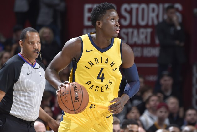 CLEVELAND, OH - APRIL 15: Victor Oladipo #4 of the Indiana Pacers handles the ball against the Cleveland Cavaliers in Game One of Round One during the 2018 NBA Playoffs on April 15, 2018 at Quicken Loans Arena in Cleveland, Ohio. NOTE TO USER: User expressly acknowledges and agrees that, by downloading and/or using this photograph, user is consenting to the terms and conditions of the Getty Images License Agreement. Mandatory Copyright Notice: Copyright 2018 NBAE (Photo by David Liam Kyle/NBAE via Getty Images) CLEVELAND, OH - APRIL 15: Victor Oladipo #4 of the Indiana Pacers handles the ball against the Cleveland Cavaliers in Game One of Round One during the 2018 NBA Playoffs on April 15, 2018 at Quicken Loans Arena in Cleveland, Ohio. NOTE TO USER: User expressly acknowledges and agrees that, by downloading and/or using this photograph, user is consenting to the terms and conditions of the Getty Images License Agreement. Mandatory Copyright Notice: Copyright 2018 NBAE (Photo by David Liam Kyle/NBAE via Getty Images)