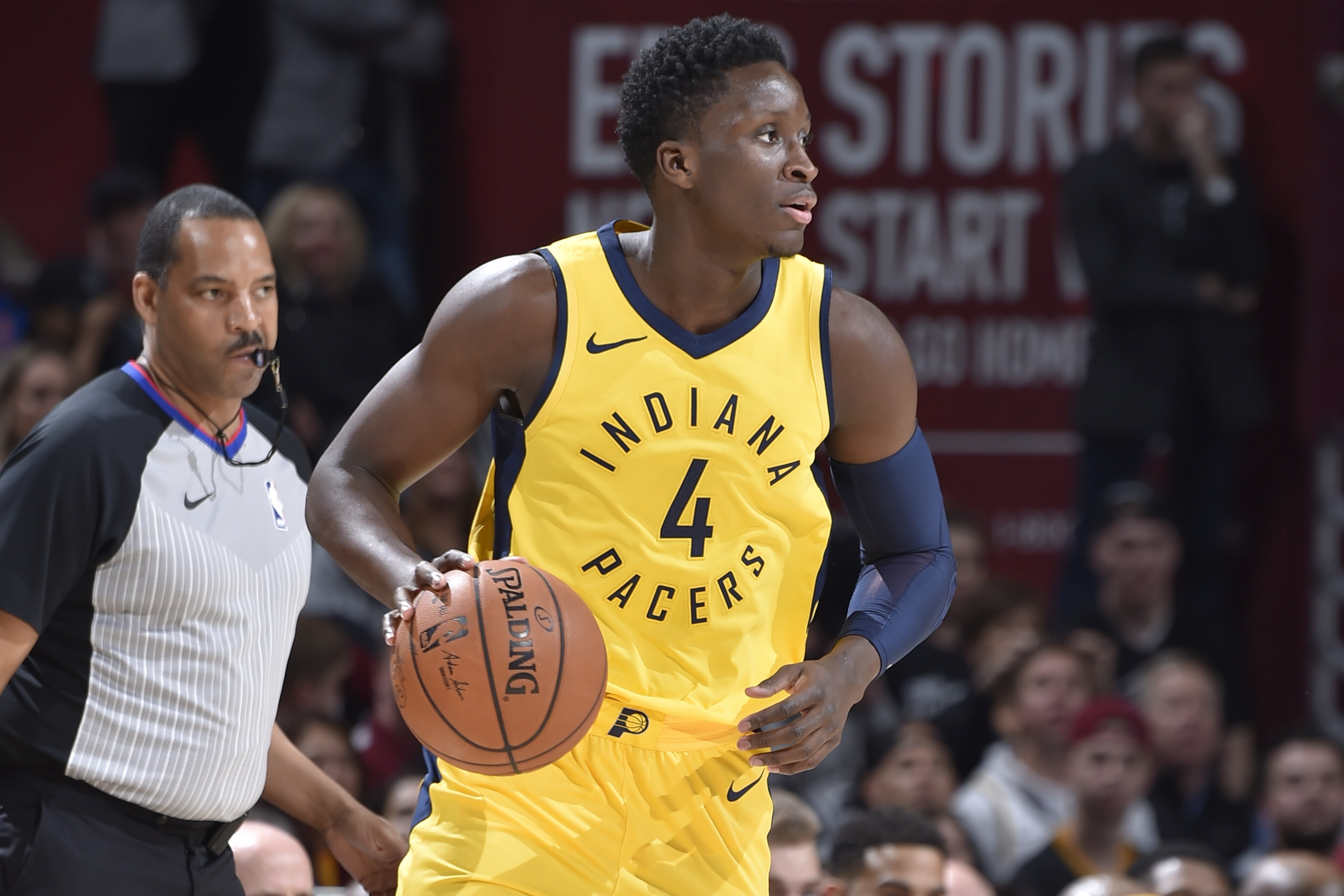 CLEVELAND, OH - APRIL 15: Victor Oladipo #4 of the Indiana Pacers handles the ball against the Cleveland Cavaliers in Game One of Round One during the 2018 NBA Playoffs on April 15, 2018 at Quicken Loans Arena in Cleveland, Ohio. NOTE TO USER: User expressly acknowledges and agrees that, by downloading and/or using this photograph, user is consenting to the terms and conditions of the Getty Images License Agreement. Mandatory Copyright Notice: Copyright 2018 NBAE (Photo by David Liam Kyle/NBAE via Getty Images)