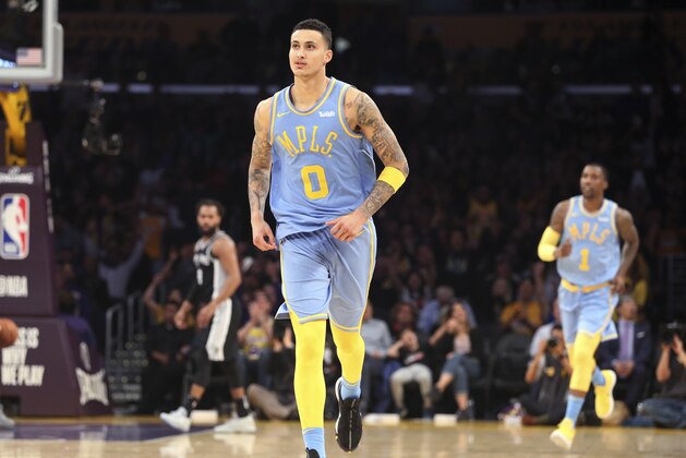 Los Angeles Lakers forward Kyle Kuzma (0) during the overtime period of an NBA basketball game in Los Angeles Wednesday, April 4, 2018. The Lakers won in overtime 122-112. (AP Photo/Reed Saxon)