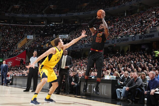 CLEVELAND, OH - APRIL 15: LeBron James #23 of the Cleveland Cavaliers shoots the ball against the Indiana Pacers  in Game One of Round One of the 2018 NBA Playoffs on April 15, 2018 at Quicken Loans Arena in Cleveland, Ohio. NOTE TO USER: User expressly acknowledges and agrees that, by downloading and or using this photograph, user is consenting to the terms and conditions of Getty Images License Agreement. Mandatory Copyright Notice: Copyright 2018 NBAE (Photo by Nathaniel S. Butler/NBAE via Getty Images)