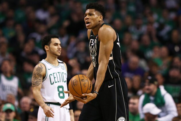 BOSTON, MA - APRIL 15: Giannis Antetokounmpo #34 of the Milwaukee Bucks reacts to a foul called against him during the third quarter of Game One of Round One of the 2018 NBA Playoffs against the Boston Celtics during at TD Garden on April 15, 2018 in Boston, Massachusetts. (Photo by Maddie Meyer/Getty Images) BOSTON, MA - APRIL 15: Giannis Antetokounmpo #34 of the Milwaukee Bucks reacts to a foul called against him during the third quarter of Game One of Round One of the 2018 NBA Playoffs against the Boston Celtics during at TD Garden on April 15, 2018 in Boston, Massachusetts. (Photo by Maddie Meyer/Getty Images)