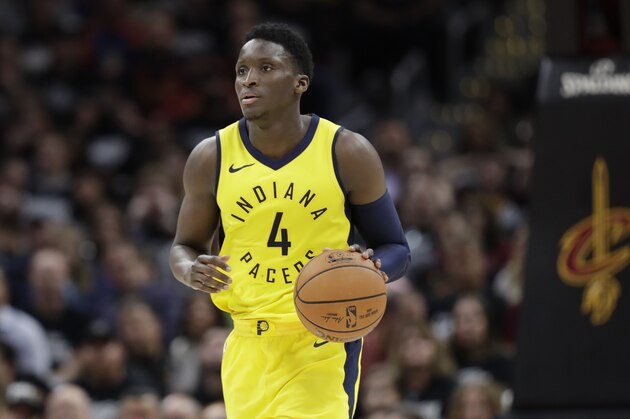 Indiana Pacers' Victor Oladipo drives against the Cleveland Cavaliers in the second half of Game 1 of an NBA basketball first-round playoff series, Sunday, April 15, 2018, in Cleveland. (AP Photo/Tony Dejak)