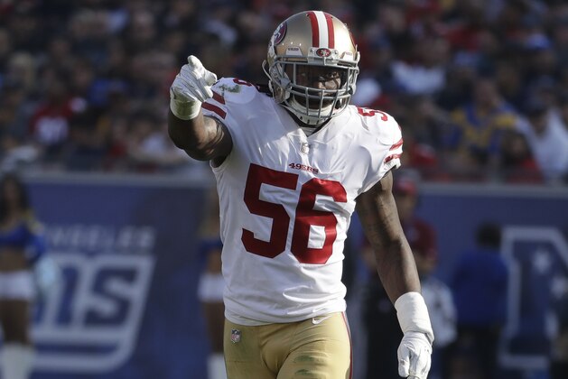 San Francisco 49ers outside linebacker Reuben Foster (56) against the Los Angeles Rams during the first half of an NFL football game Sunday, Dec. 31, 2017, in Los Angeles. (AP Photo/Rick Scuteri)