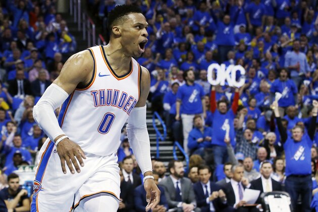 Oklahoma City Thunder guard Russell Westbrook (0) shouts after a dunk in the first half of Game 1 of an NBA basketball first-round playoff series against the Utah Jazz in Oklahoma City, Sunday, April 15, 2018. (AP Photo/Sue Ogrocki)