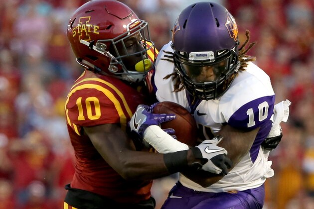 Iowa State defensive back Brian Peavy tackles Northern Iowa wide receiver Daurice Fountain during the first half of an NCAA college football game, Saturday, Sept. 3, 2016, in Ames, Iowa. (AP Photo/Justin Hayworth)