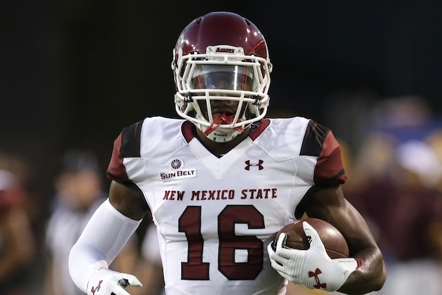 New Mexico State wide receiver Jaleel Scott (16) in the second half during an NCAA college football game against Arizona State, Thursday, Aug. 31, 2017, in Tempe, Ariz. Arizona State defeated New Mexico State 37-31. (AP Photo/Rick Scuteri)