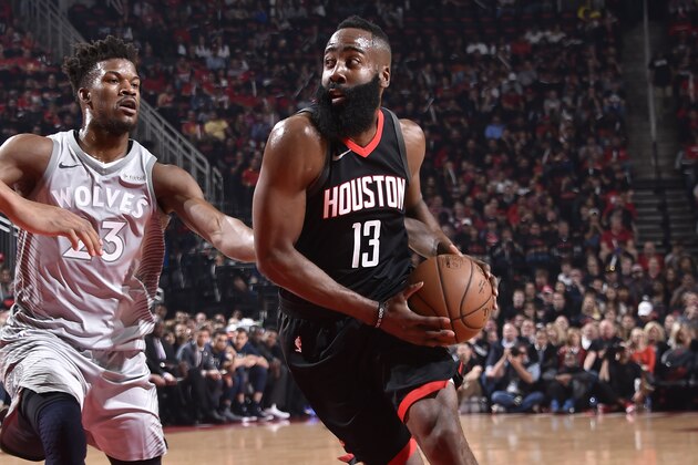 HOUSTON, TX - APRIL 15: James Harden #13 of the Houston Rockets handles the ball against the Minnesota Timberwolves in Game One of Round One of the 2018 NBA Playoffs on April 15, 2018 at the Toyota Center in Houston, Texas. NOTE TO USER: User expressly acknowledges and agrees that, by downloading and or using this photograph, User is consenting to the terms and conditions of the Getty Images License Agreement. Mandatory Copyright Notice: Copyright 2018 NBAE (Photo by Bill Baptist/NBAE via Getty Images)