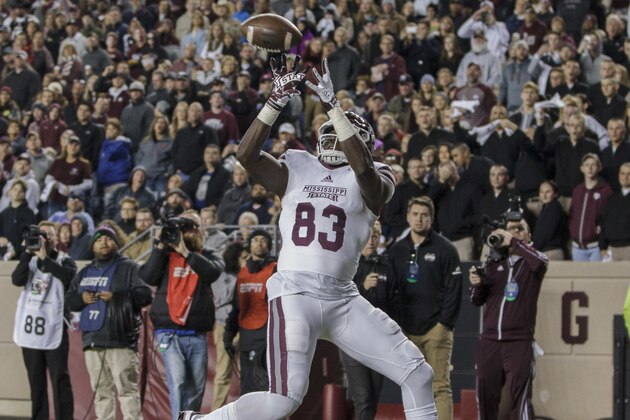 Mississippi State tight end Jordan Thomas (83) catches a pass for a touchdown against Texas A&M during the third quarter of an NCAA college football game on Saturday, Oct. 28, 2017, in College Station, Texas. (AP Photo/Sam Craft)