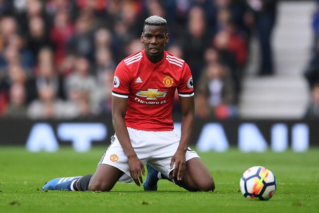MANCHESTER, ENGLAND - APRIL 15:  Paul Pogba of Manchester United looks dejected during the Premier League match between Manchester United and West Bromwich Albion at Old Trafford on April 15, 2018 in Manchester, England.  (Photo by Laurence Griffiths/Getty Images)