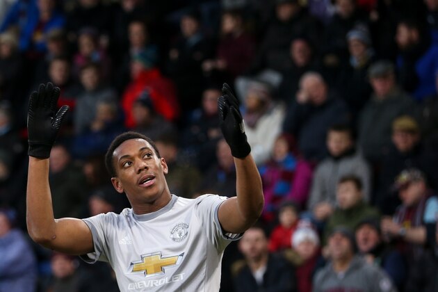 BURNLEY, ENGLAND - JANUARY 20: Anthony Martial of Manchester United celebrates after scoring a goal to make it 0-1 during the Premier League match between Burnley and Manchester United at Turf Moor on January 20, 2018 in Burnley, England. (Photo by Robbie Jay Barratt - AMA/Getty Images)