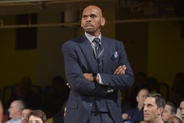 WHITE PLAINS, NY - APRIL 2: Head Coach Jerry Stackhouse of the Raptors 905 looks on against the Westchester Knicks during the Eastern Conference Semifinals of the NBA G-League Playoffs on April 2, 2018 at the Westchester County Center in White Plains, New York. NOTE TO USER: User expressly acknowledges and agrees that, by downloading and/or using this photograph, user is consenting to the terms and conditions of the Getty Images License Agreement. Mandatory Copyright Notice: Copyright 2018 NBAE (Photo by David Dow/NBAE via Getty Images)