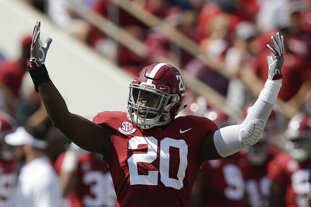 Alabama linebacker Shaun Dion Hamilton hypes up the crowd before the game against Fresno State in the first half of an NCAA college football game, Saturday, Sept. 9, 2017, in Tuscaloosa, Ala. (AP Photo/Brynn Anderson)