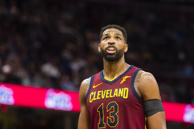 CLEVELAND, OH - APRIL 11: Tristan Thompson #13 of the Cleveland Cavaliers looks to the scoreboard during the second half at Quicken Loans Arena on April 11, 2018 in Cleveland, Ohio. The Knicks defeated the Cavaliers 110-98. NOTE TO USER: User expressly acknowledges and agrees that, by downloading and or using this photograph, User is consenting to the terms and conditions of the Getty Images License Agreement. (Photo by Jason Miller/Getty Images) *** Local Caption *** Tristan Thompson