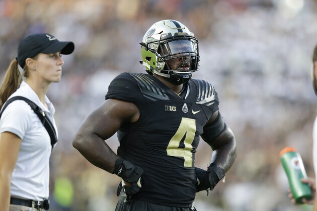 Purdue linebacker Ja'Whaun Bentley (4) during the second half of an NCAA college football game against Michigan in West Lafayette, Ind., Saturday, Sept. 23, 2017. Michigan defeated Purdue. (AP Photo/Michael Conroy)
