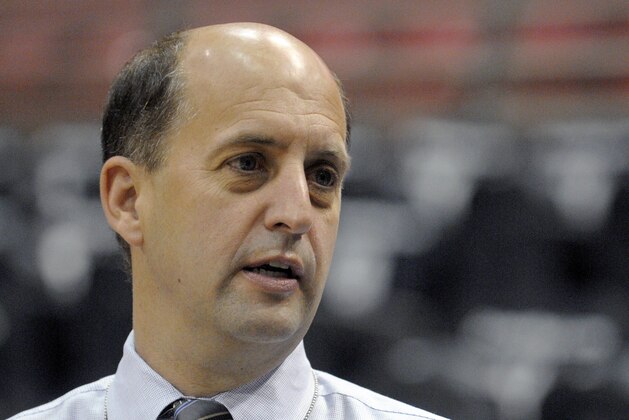 FILE - In this May 26, 2010, file photo, television NBA analyst Jeff Van Gundy talks before Game 5 between the Boston Celtics and Orlando Magic in the NBA Eastern Conference basketball finals in Orlando, Fla. If Van Gundy had his way, his U.S. team trying to qualify for the 2019 Basketball World Cup would have been together for a month of practices. He had five days. Ready or not, qualifying is about to start when Van Gundy and a team of largely unheralded G League players take on Puerto Rico.  (AP Photo/Phelan M. Ebenhack, File)