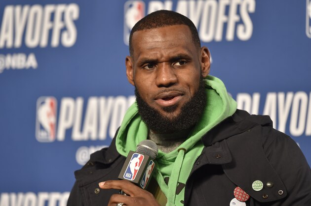 CLEVELAND, OH - APRIL 15: LeBron James #23 of the Cleveland Cavaliers speaks to media after game against the Indiana Pacers in Game One of Round One during the 2018 NBA Playoffs on April 15, 2018 at Quicken Loans Arena in Cleveland, Ohio. NOTE TO USER: User expressly acknowledges and agrees that, by downloading and/or using this photograph, user is consenting to the terms and conditions of the Getty Images License Agreement. Mandatory Copyright Notice: Copyright 2018 NBAE (Photo by David Liam Kyle/NBAE via Getty Images)