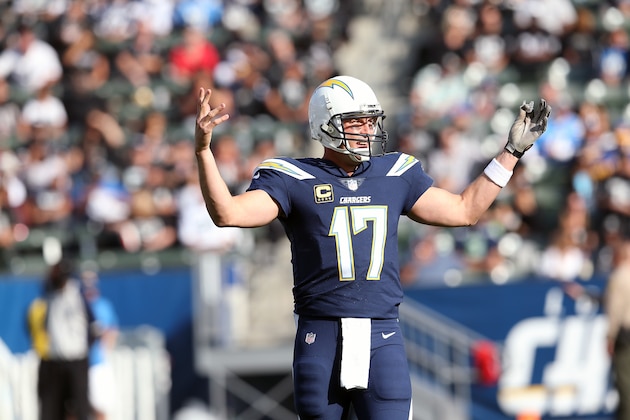 CARSON, CA - DECEMBER 31:  Philip Rivers #17 of the Los Angeles Chargers reacts after a play during the first quarter of the game against the Oakland Raiders at StubHub Center on December 31, 2017 in Carson, California.  (Photo by Stephen Dunn/Getty Images)