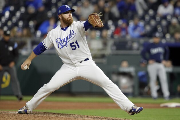 Kansas City Royals relief pitcher Blaine Boyer during a baseball game against the Seattle Mariners at Kauffman Stadium in Kansas City, Mo., Tuesday, April 10, 2018. (AP Photo/Orlin Wagner)