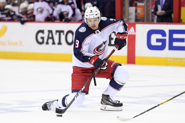 Columbus Blue Jackets left wing Artemi Panarin (9), of Russia, skates with the puck during the first period in Game 2 of an NHL first-round hockey playoff series against the Washington Capitals, Sunday, April 15, 2018, in Washington. (AP Photo/Nick Wass)