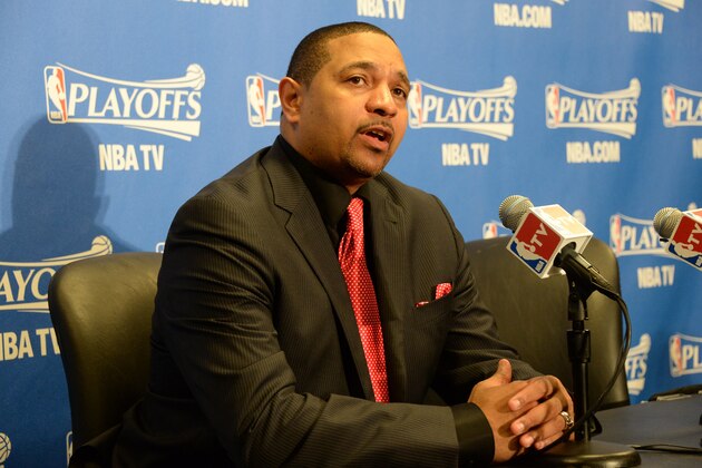 LOS ANGELES, CA - MAY 3: Mark Jackson of the Golden State Warriors addresses the media after Game Seven of the Western Conference Quarterfinals against the Los Angeles Clippers during the 2014 NBA Playoffs at Staples Center on May 3, 2014 in Los Angeles, California. NOTE TO USER: User expressly acknowledges and agrees that, by downloading and/or using this Photograph, user is consenting to the terms and conditions of the Getty Images License Agreement. Mandatory Copyright Notice: Copyright 2014 NBAE (Photo by Andrew D. Bernstein/NBAE via Getty Images)